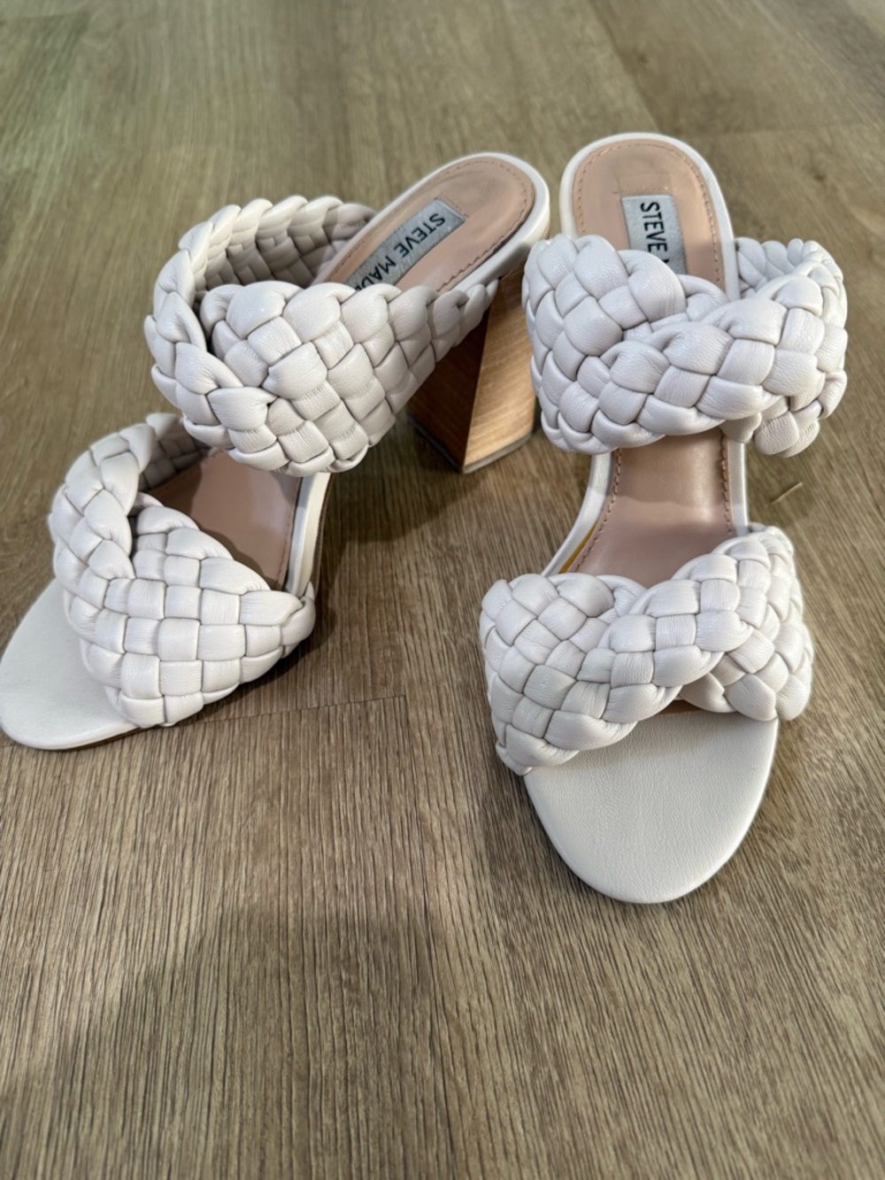 Steve Madden Cream Braided Two-Strap Block Heel Mules